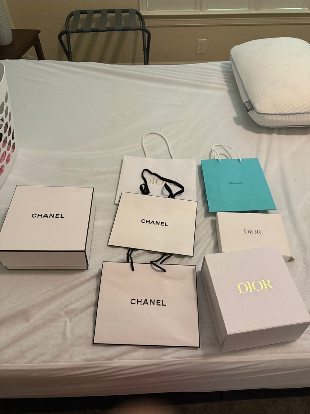 Dior, Tiffany, and CHANEL White and Black Logo Gift Bags and Boxes
